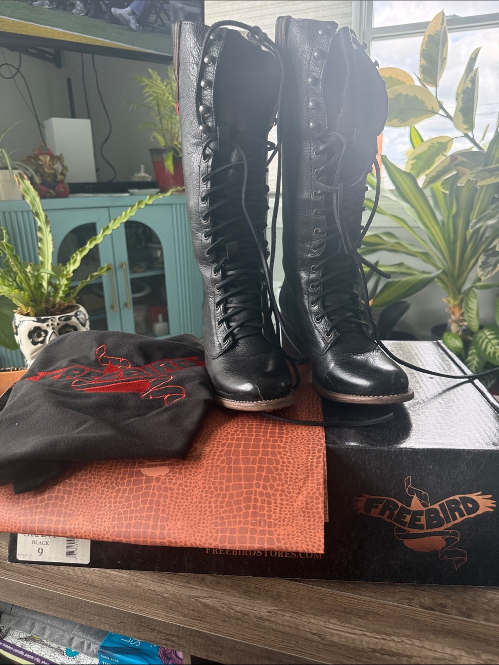 Freebird by Steven Black Leather Lace-Up Knee Boots with Stud Detailing